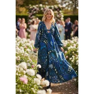 SEA NEW YORK DRESS BLUE SILK WEDDING GUEST MILKMAID COASTAL WESTERN BOHEMIAN